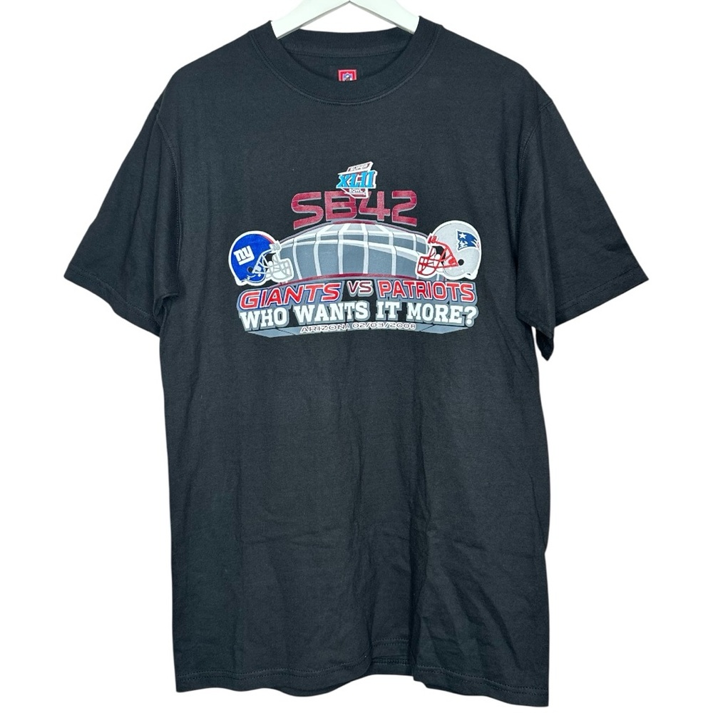 Super Bowl 42 Patriots Giants T Shirt Men’s Medium Black Who Wants It More?